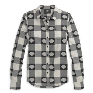 HARLEY DAVIDSON‎ Top Womens Medium Black White Plaid Jacquard Logo Shirt Biker